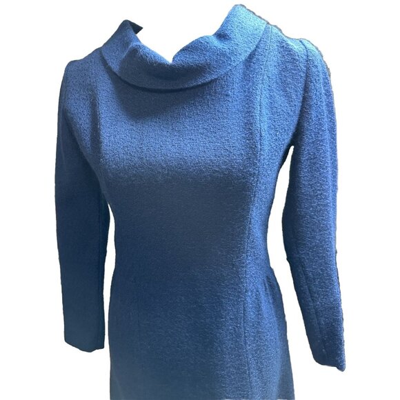 Dress Blue Midi Sheath Fitted Knit Cowl Long Sleeve Theatre Actress Doris Day - Picture 2 of 14